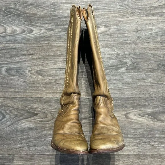 Vintage Dan Post Size 6 C Cowboy Knee Boots Made in Spain Tan Braided 4115 - Picture 14 of 16